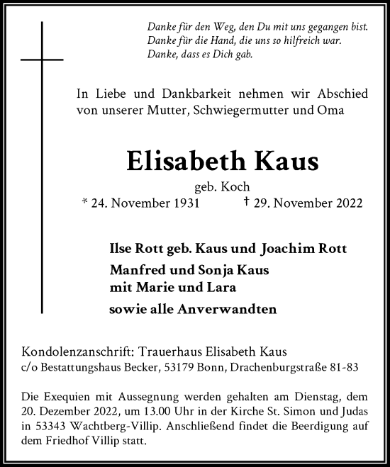 Anzeige von Elisabeth Kaus von General-Anzeiger Bonn