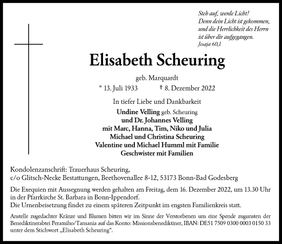 Anzeige von Elisabeth Scheuring von General-Anzeiger Bonn