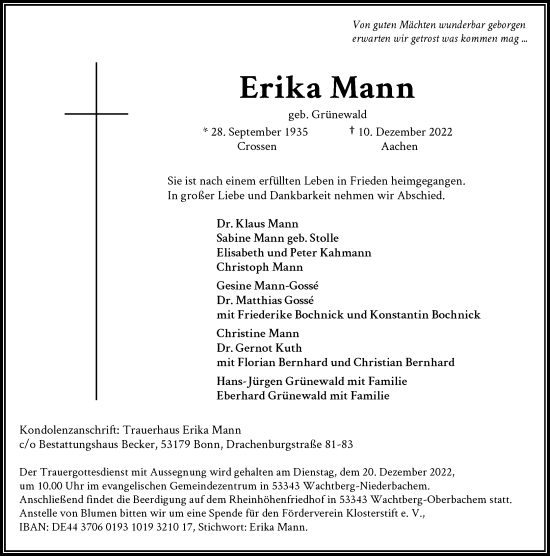 Anzeige von Erika Mann von General-Anzeiger Bonn