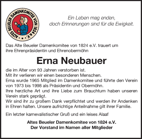 Anzeige von Erna Neubauer von General-Anzeiger Bonn