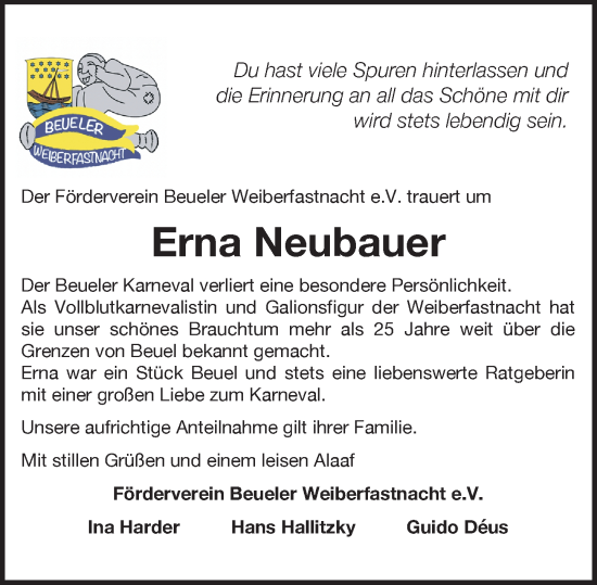 Anzeige von Erna Neubauer von General-Anzeiger Bonn