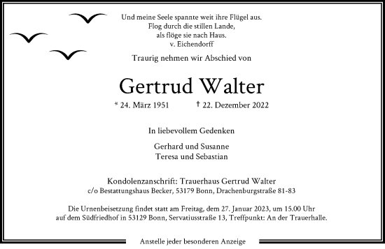 Anzeige von Gertrud Walter von General-Anzeiger Bonn