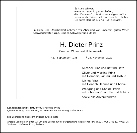 Anzeige von H.-Dieter Prinz von General-Anzeiger Bonn