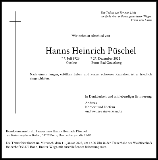 Anzeige von Hanns Heinrich Püschel von General-Anzeiger Bonn