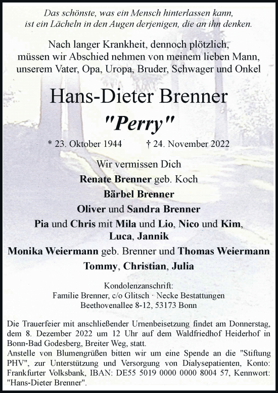 Anzeige von Hans-Dieter Brenner von General-Anzeiger Bonn