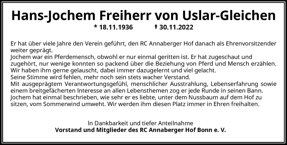  Traueranzeige für Hans-Jochem Freiherr von Uslar-Gleichen vom 03.12.2022 aus General-Anzeiger Bonn