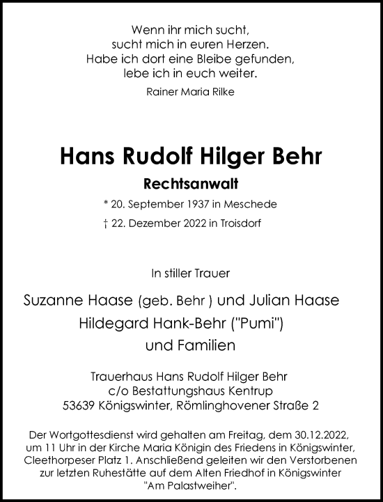 Anzeige von Hans Rudolf Hilger Behr von General-Anzeiger Bonn