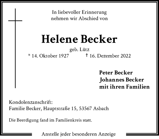 Anzeige von Helene Becker von General-Anzeiger Bonn