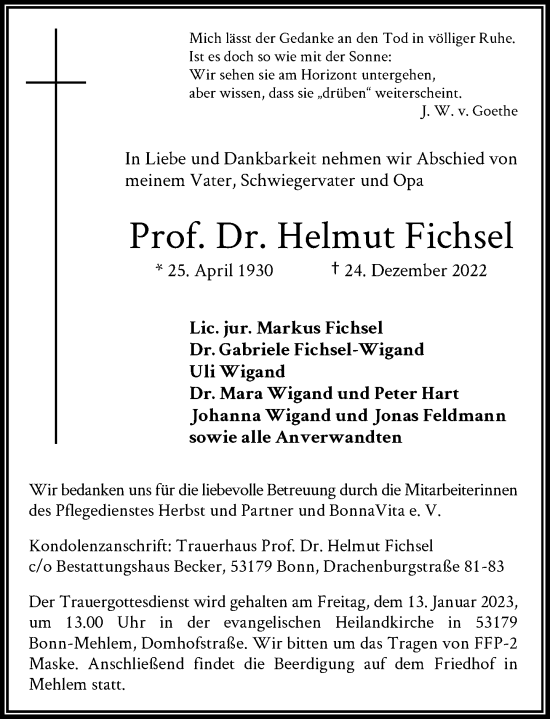 Anzeige von Helmut Fichsel von General-Anzeiger Bonn