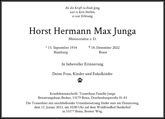 Anzeige von Horst Hermann Max Junga von General-Anzeiger Bonn