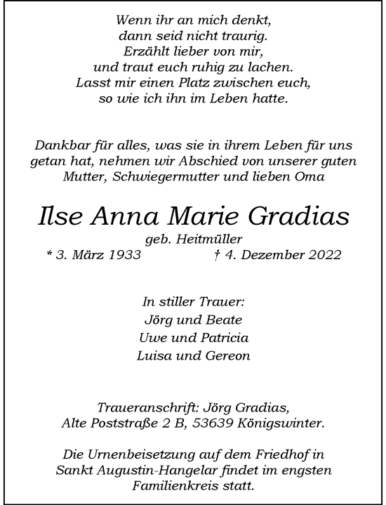 Anzeige von Ilse Anna Marie Gradias von General-Anzeiger Bonn