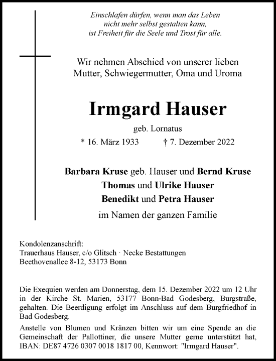 Anzeige von Irmgard Hauser von General-Anzeiger Bonn