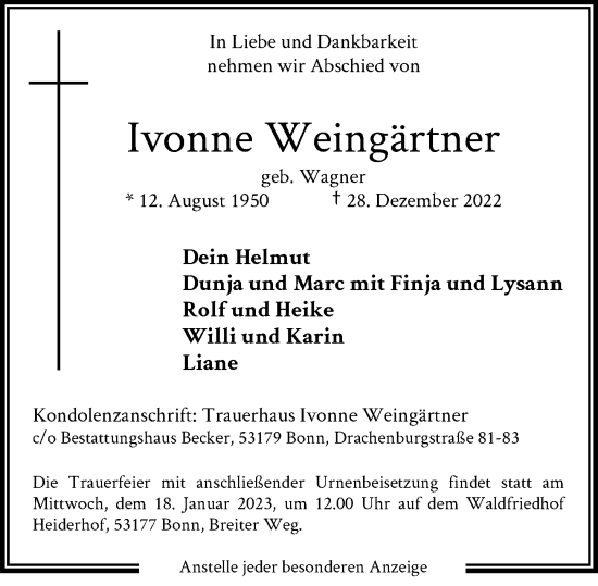 Anzeige von Ivonne Weingärtner von General-Anzeiger Bonn