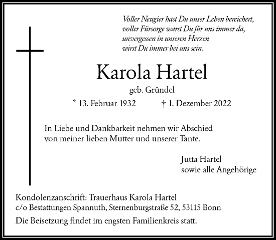 Anzeige von Karola Hartel von General-Anzeiger Bonn