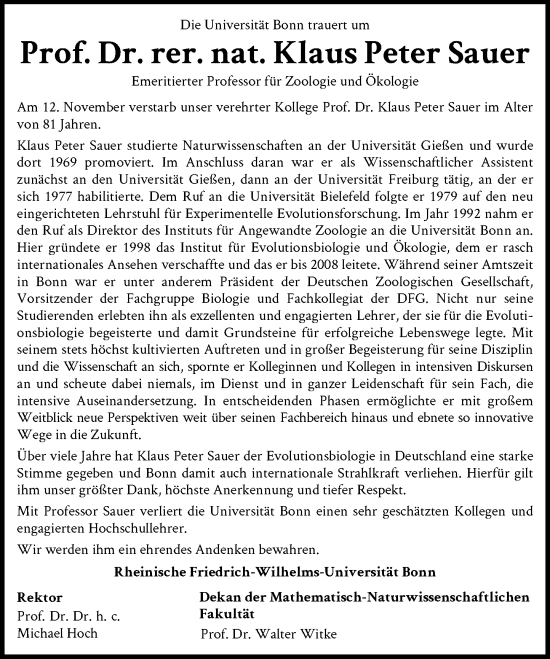 Anzeige von Klaus Peter Sauer von General-Anzeiger Bonn