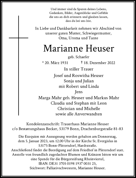 Anzeige von Marianne Heuser von General-Anzeiger Bonn
