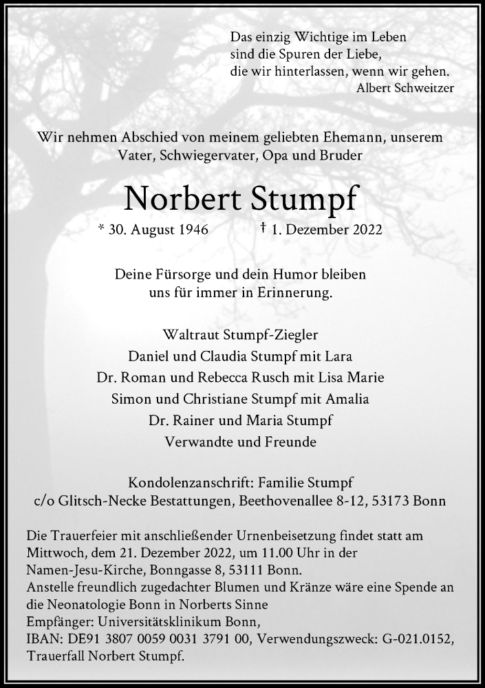 Traueranzeige für Norbert Stumpf vom 10.12.2022 aus General-Anzeiger Bonn