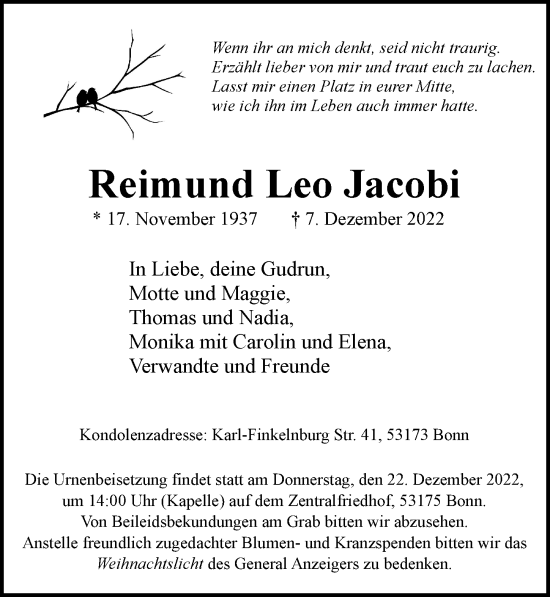 Anzeige von Reimund Leo Jacobi von General-Anzeiger Bonn