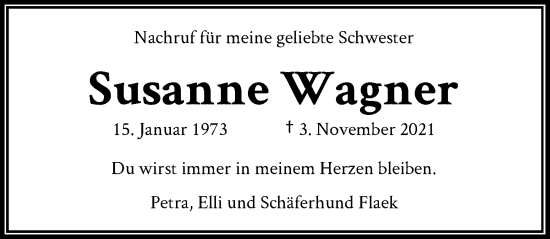 Anzeige von Susanne Wagner von General-Anzeiger Bonn