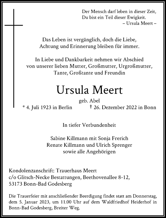 Anzeige von Ursula Meert von General-Anzeiger Bonn