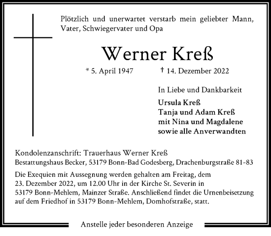 Anzeige von Werner Kreß von General-Anzeiger Bonn