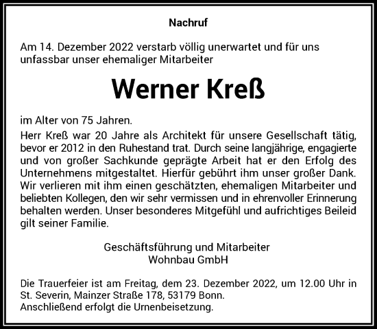 Anzeige von Werner Kreß von General-Anzeiger Bonn