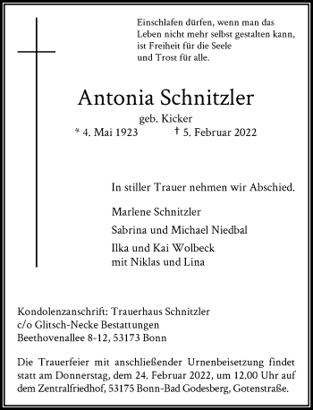 Anzeige von Antonia Schnitzler von General-Anzeiger Bonn