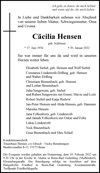 Anzeige von Cäcilia Hensen von General-Anzeiger Bonn