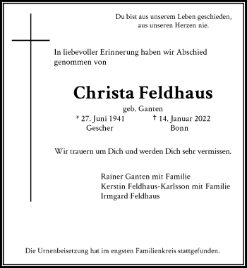 Anzeige von Christa Feldhaus von General-Anzeiger Bonn