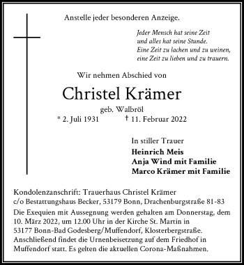 Anzeige von Christel Krämer von General-Anzeiger Bonn