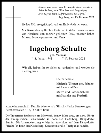 Anzeige von Ingeborg Schulte von General-Anzeiger Bonn