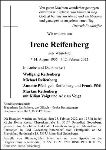 Anzeige von Irene Reifenberg von General-Anzeiger Bonn