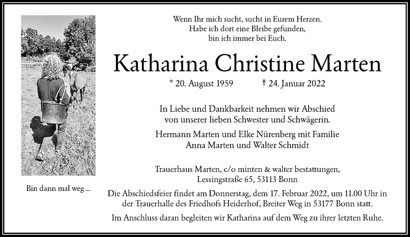  Traueranzeige für Katharina Christine Marten vom 05.02.2022 aus General-Anzeiger Bonn