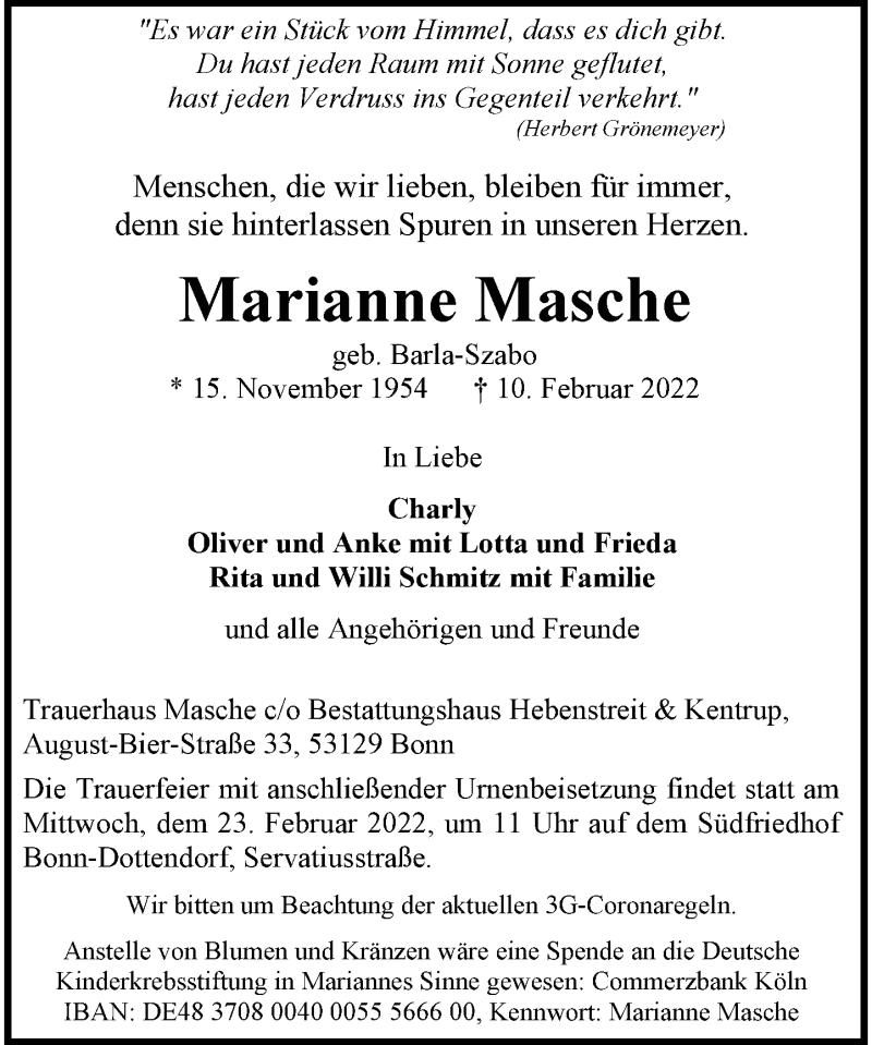  Traueranzeige für Marianne Masche vom 19.02.2022 aus General-Anzeiger Bonn