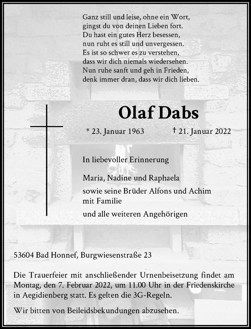  Traueranzeige für Olaf Dabs vom 05.02.2022 aus General-Anzeiger Bonn