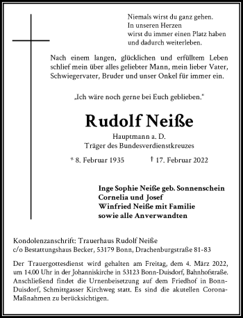 Anzeige von Rudolf Neiße von General-Anzeiger Bonn