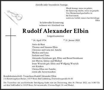 Anzeige von Rudolf Alexander Elbin von General-Anzeiger Bonn