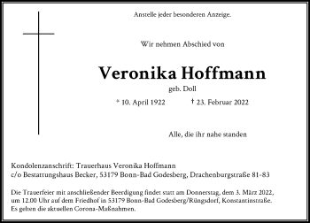 Anzeige von Veronika Hoffmann von General-Anzeiger Bonn