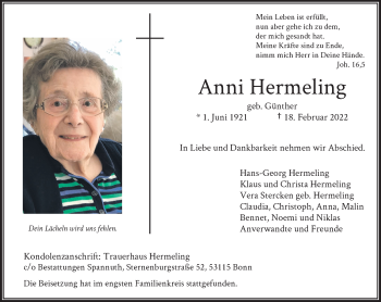 Anzeige von Anni Hermeling von General-Anzeiger Bonn