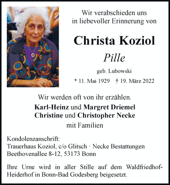 Anzeige von Christa Koziol von General-Anzeiger Bonn