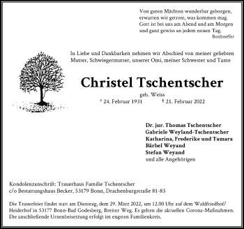 Anzeige von Christel Tschentscher von General-Anzeiger Bonn