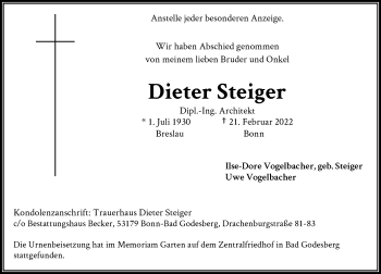 Anzeige von Dieter Steiger von General-Anzeiger Bonn