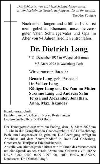 Anzeige von Dietrich Lang von General-Anzeiger Bonn