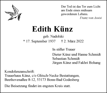 Anzeige von Edith Künz von General-Anzeiger Bonn