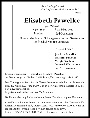 Anzeige von Elisabeth Pawelke von General-Anzeiger Bonn