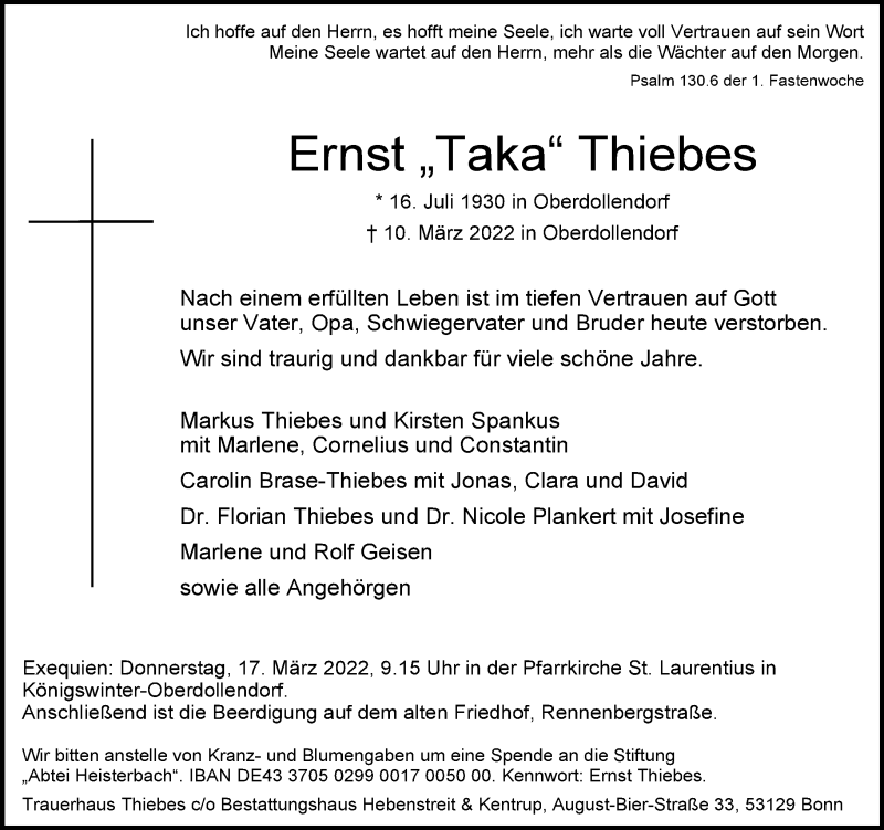  Traueranzeige für Ernst Thiebes vom 12.03.2022 aus General-Anzeiger Bonn