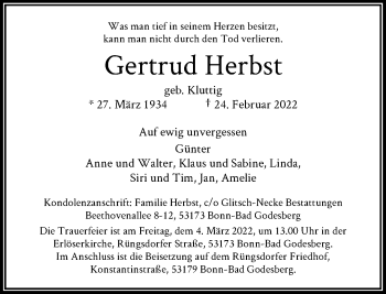 Anzeige von Gertrud Herbst von General-Anzeiger Bonn