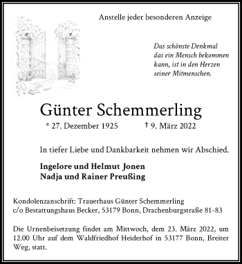 Anzeige von Günter Schemmerling von General-Anzeiger Bonn