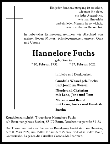 Anzeige von Hannelore Fuchs von General-Anzeiger Bonn