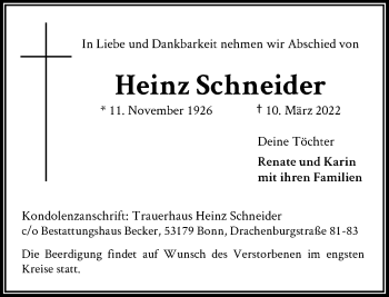 Anzeige von Heinz Schneider von General-Anzeiger Bonn